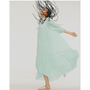 ZARA Swiss Dot Cottagecore Maxi Dress Long Sleeves Mint Green Medium